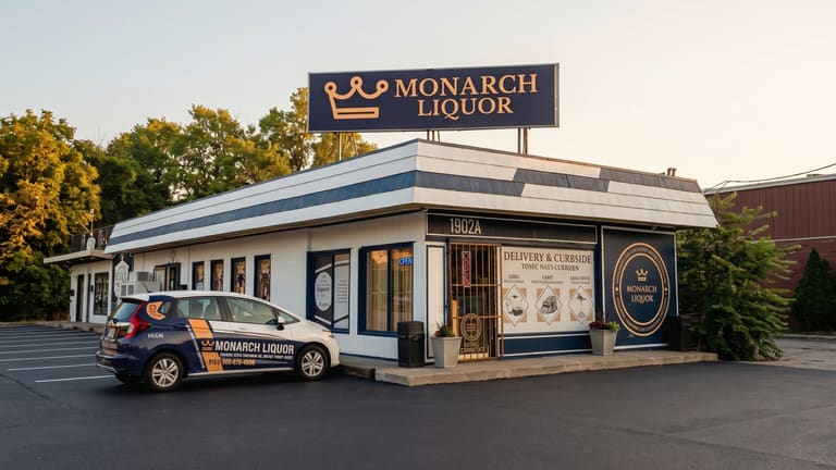 Monarch Liquor East Austin storefront with the Monarch sign at E. MLK Jr. Blvd